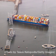 Baltimore bridge collapse and container ship (Photo by Tasos Katopodis/Getty Images)