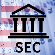 Outline of the front of a columned building and SEC in black against a red, white and blue background with numbers