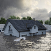 A white house with flood waters rising to just below the roof