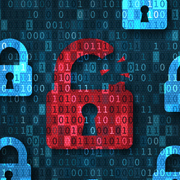 Open red padlock on background with closed blue padlocks