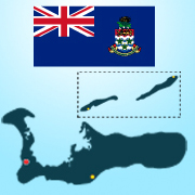A map of the Cayman Islands on a blue background with the Cayman flag at the top