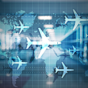 World map with flight routes airplanes. Global Aviation Business Tourism. Double exposure background.