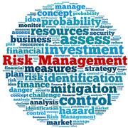 Blue word cloud featuring risk management prominently spelled in red lettering