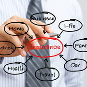 Different business lines written in a black circular pattern surrounding the word insurance