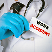 Man wearing a blue glove, white lab coat and stethoscope holds a 'work accident' tag