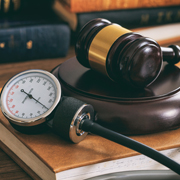 Health and Law. Judge gavel and a blood pressure gauge on a wooden desk