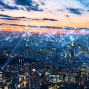 A city scape with a cloudy sky