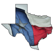 Texas flag waving inside state outline.