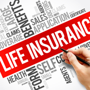 Life insurance word on a red background surrounded by related words like benefits