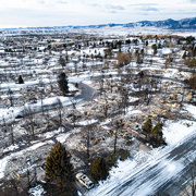 In this aerial view, burned homes sit in a neighborhood decimated by the Marshall Fire on January 4, 2022 in Louisville, Colorado. (Photo by Michael Ciaglo/Getty Images)