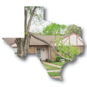 Outline of state of Texas with tree branch down in front of a house inside the outline