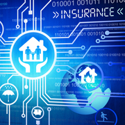 Picture of a digitalized globe and icons, spelling out the word insurance