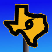 A graphic of the outline of the state of Texas as a road sign with a hurricane symbol in the middle