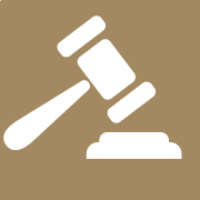 An icon of a gavel hitting a sounding board on a brown background