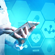 Medical professional using tablet. Image overlaid with medical icons.