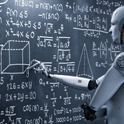 A robot making calculations at a blackboard