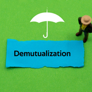 An umbrella open over the word 'demutualization'