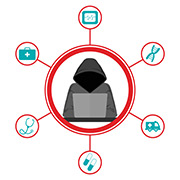 Hacker in hoodie surrounded by health care icons in red circles.
