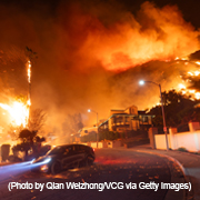 A wind-driven fire burns on January 7, 2025 in Los Angeles, California. Santa Ana wind is fueling wildfires in Los Angeles that have destroyed homes and forced the evacuation of thousands of people. (Photo by Qian Weizhong/VCG via Getty Images)