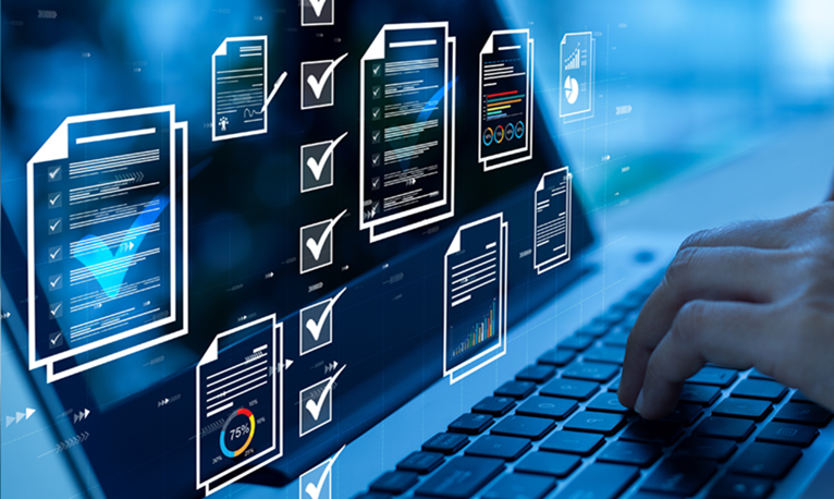 Blue laptop with floating digital images