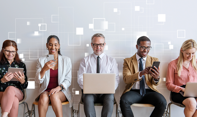 Diverse people sitting in a row using social media