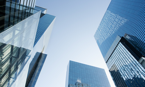 View of blue buildings looking up