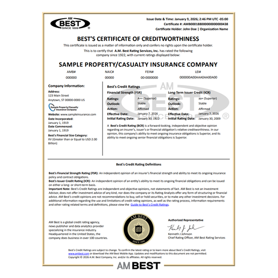 Sample Certificate of Creditworthiness