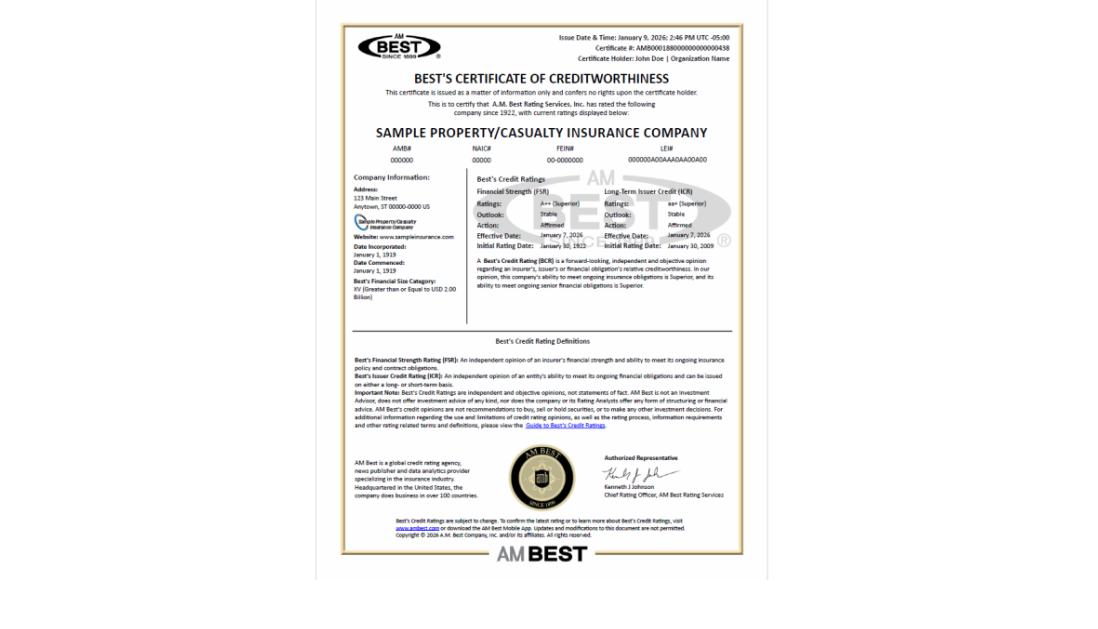 Sample Certificate of Creditworthiness